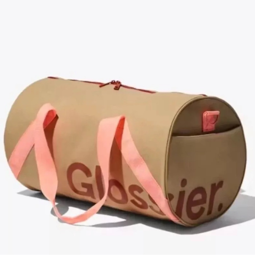 Glossier Duffle Beauty Bag Tote Medium Brown Pink Desert Rose Zip Canvas NEW !!!